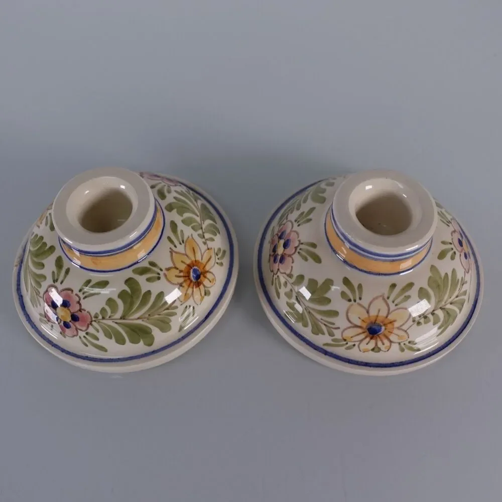Pair of Hand Painted Delft Ceramic Taper Candlestick Holders Floral Design READ
